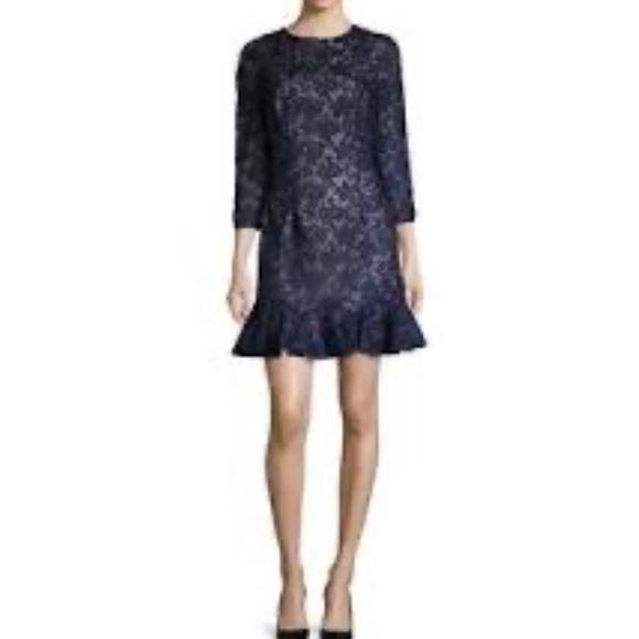 Monique Lhuillier Navy Blue Lace Crochet Overlay Peplum Hem Mini Dress - 6 - Picture 15 of 15